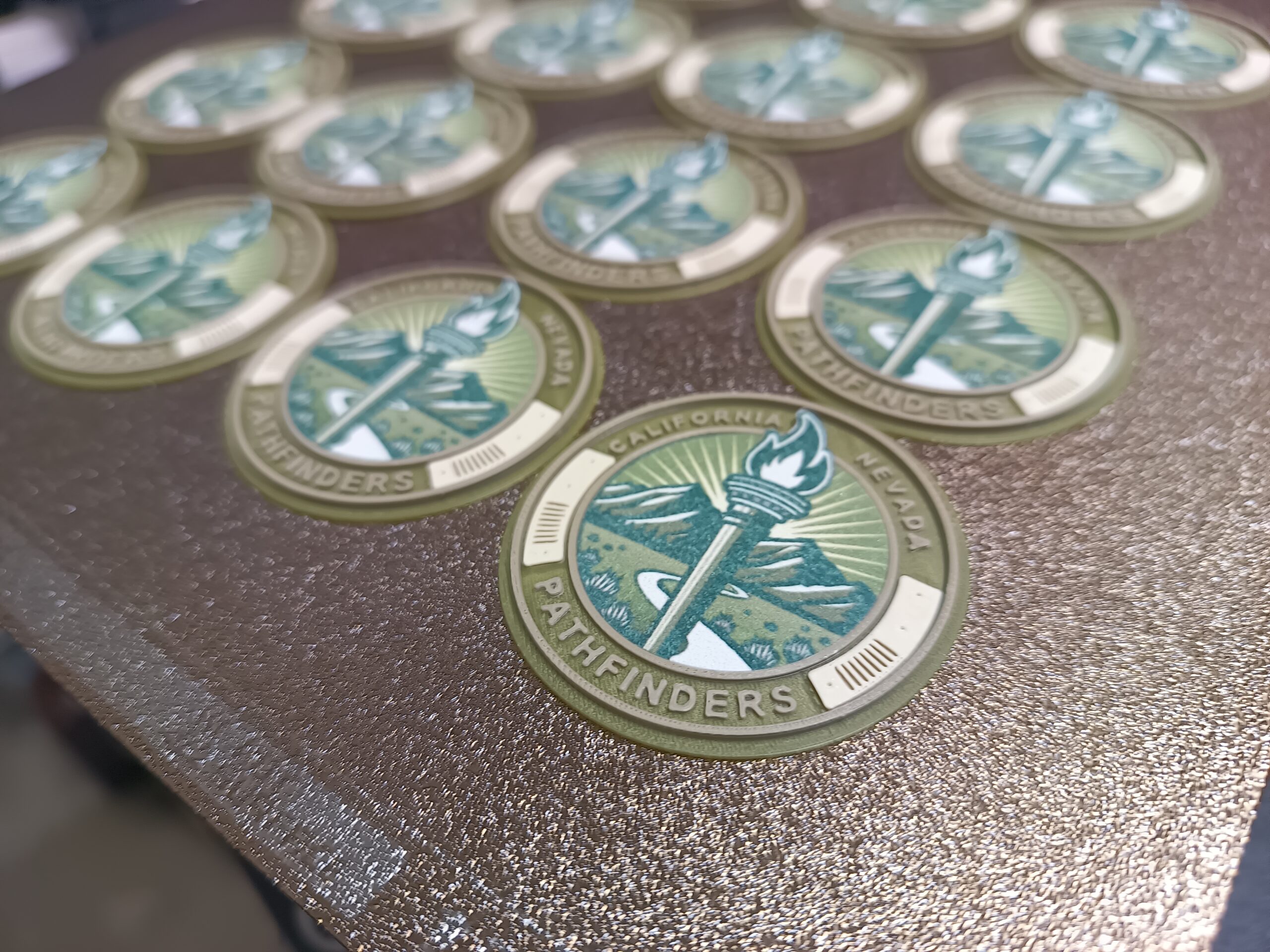 Composite design using a multicolor PLA 3d print for border elements and a dye sublimation photo for the dense center elements. Designed for the 11th Battlaion, Army Reserve Careers Group